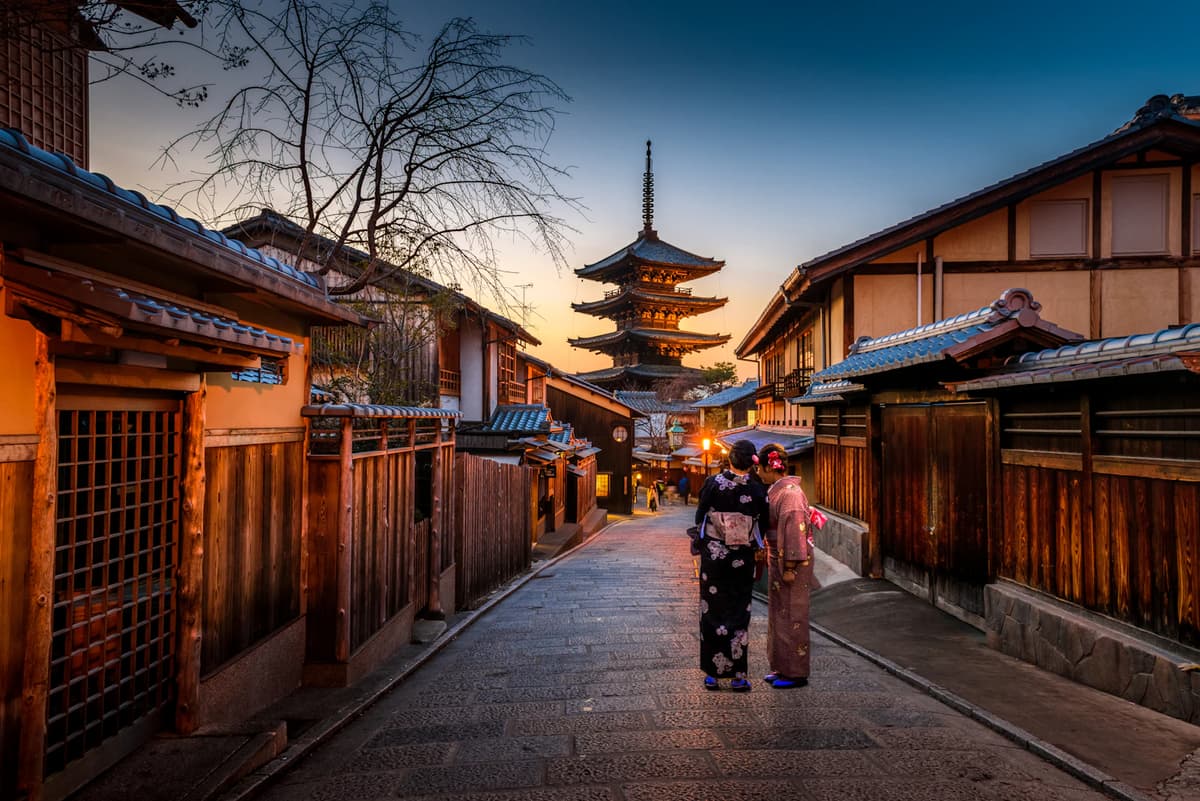 Temple roofs in Kyoto at golden hour